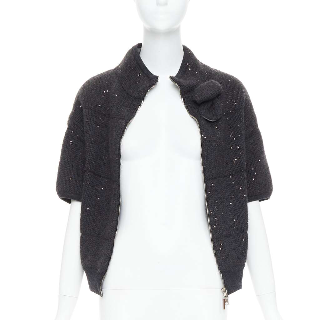 Brunello Cucinelli Sequin Padded Cardigan Grey Cashmere Very good - Inside View
