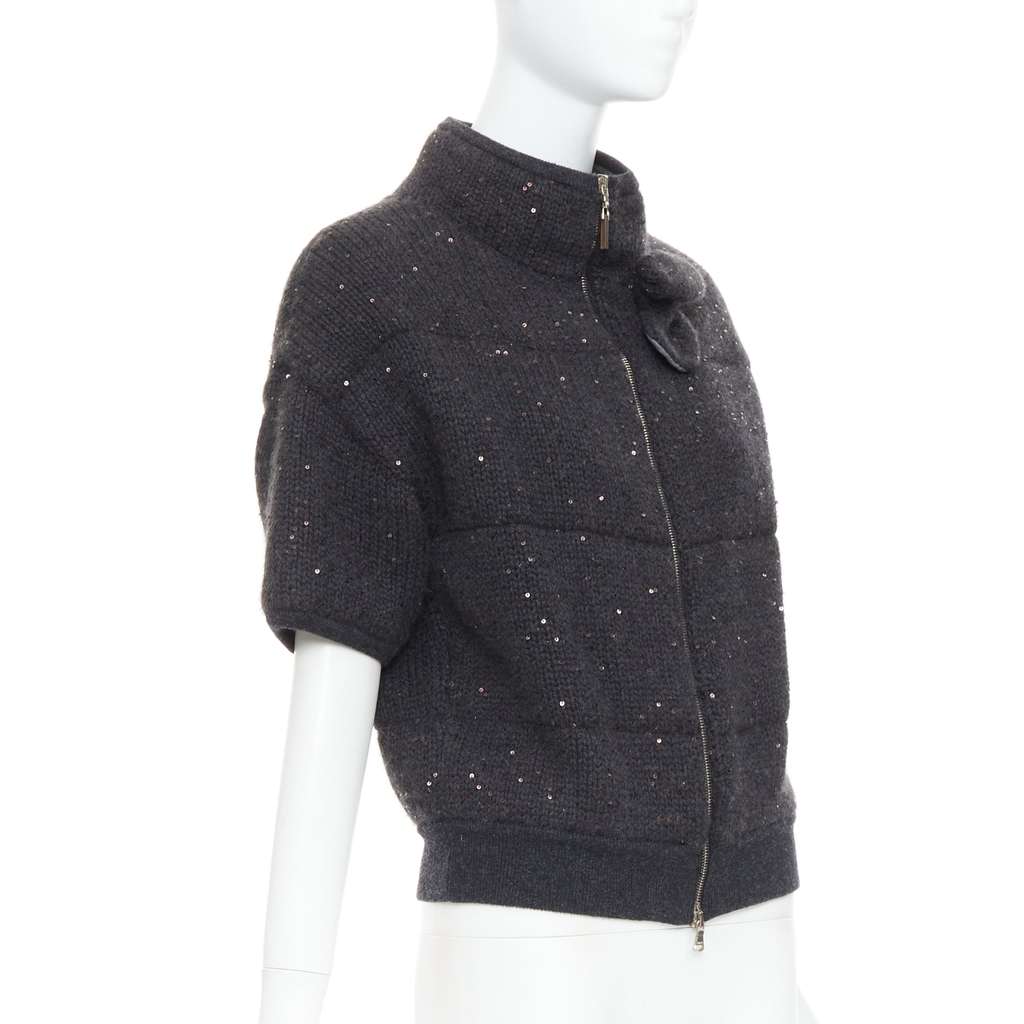 Brunello Cucinelli Sequin Padded Cardigan Grey Cashmere Very good - Model View
