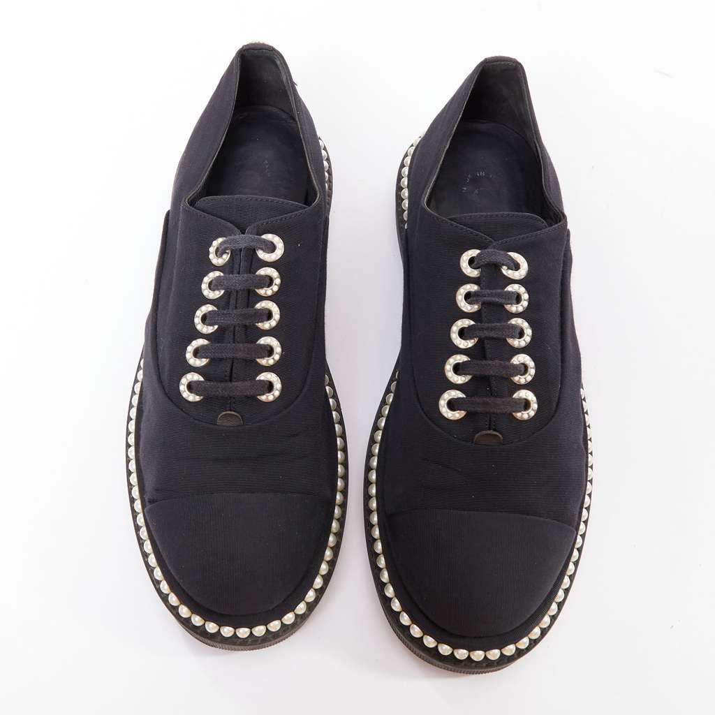 Chanel Pearl Lace Derbies Black Fair - Box View