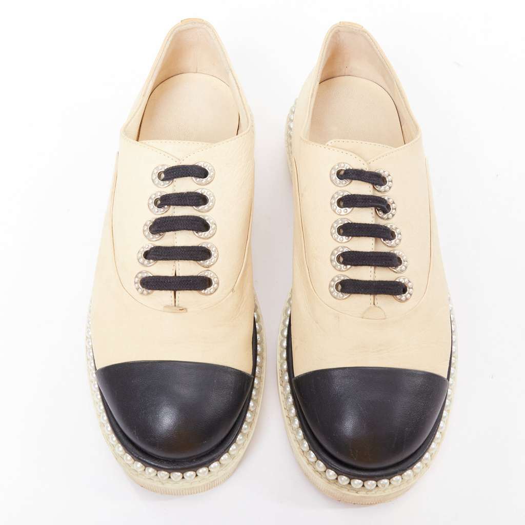 Chanel Leather Pearl Derbies Beige Leather Fair - Model View