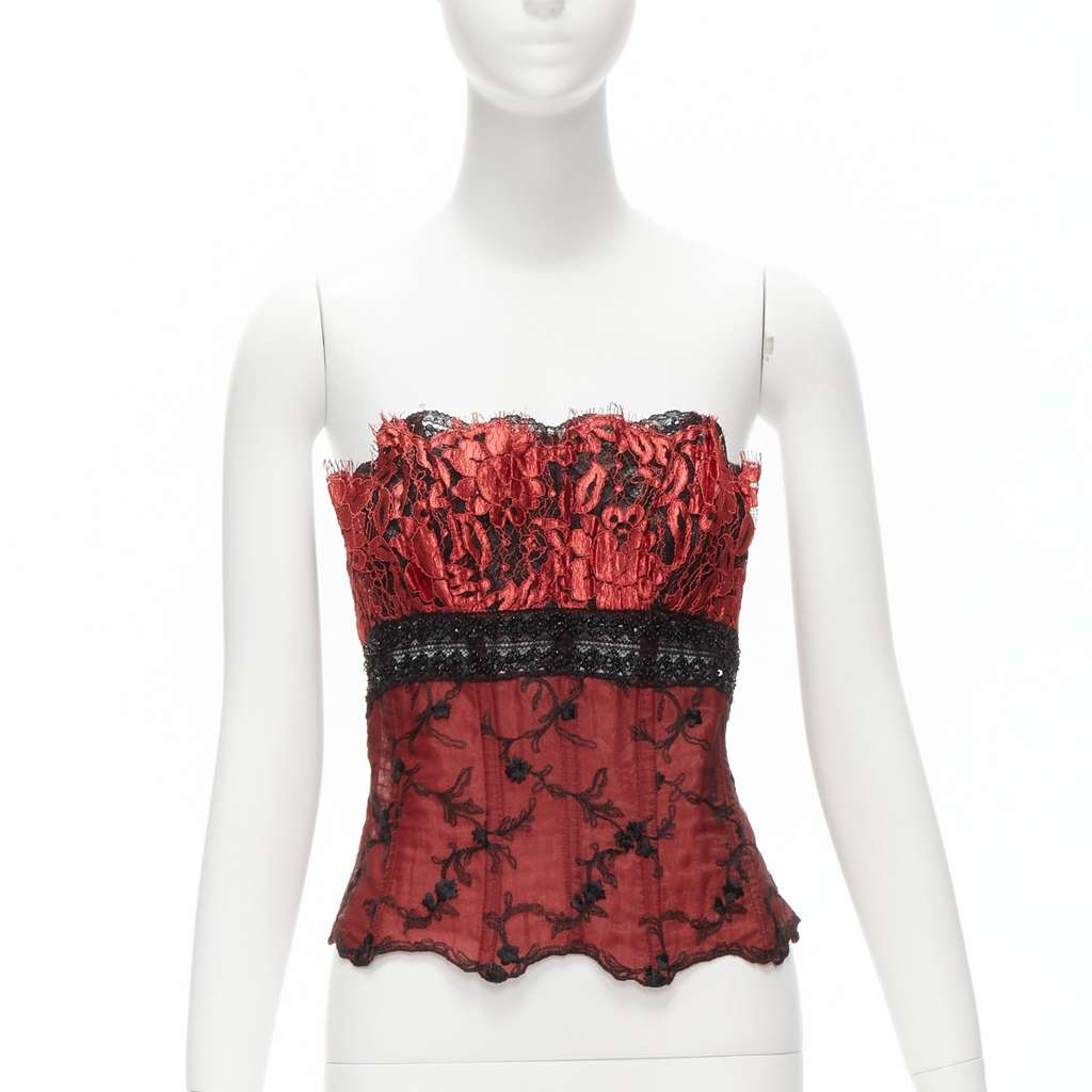 La Perla Beaded Lace Bustier Red Viscose Never worn - Front View