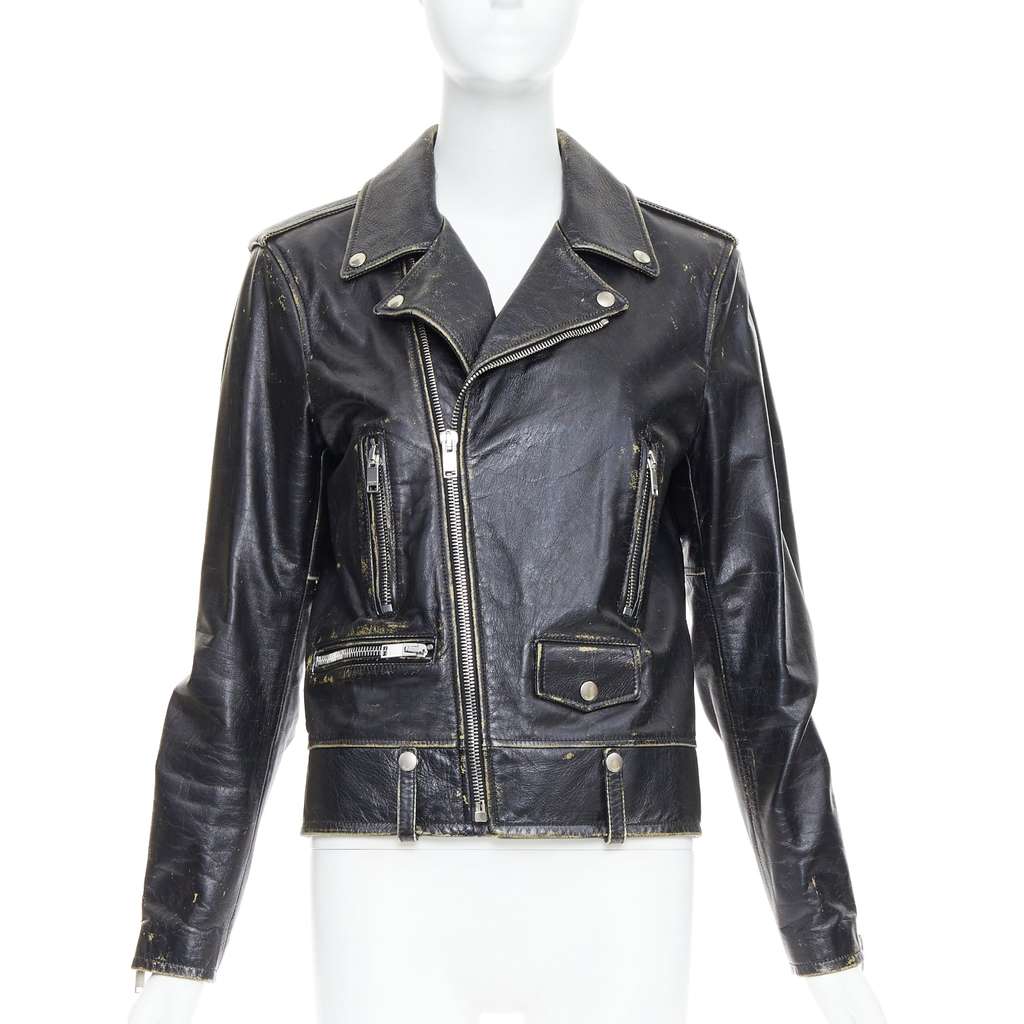 Saint Laurent Black Calfskin Biker Jacket Black Leather Very good - Front View