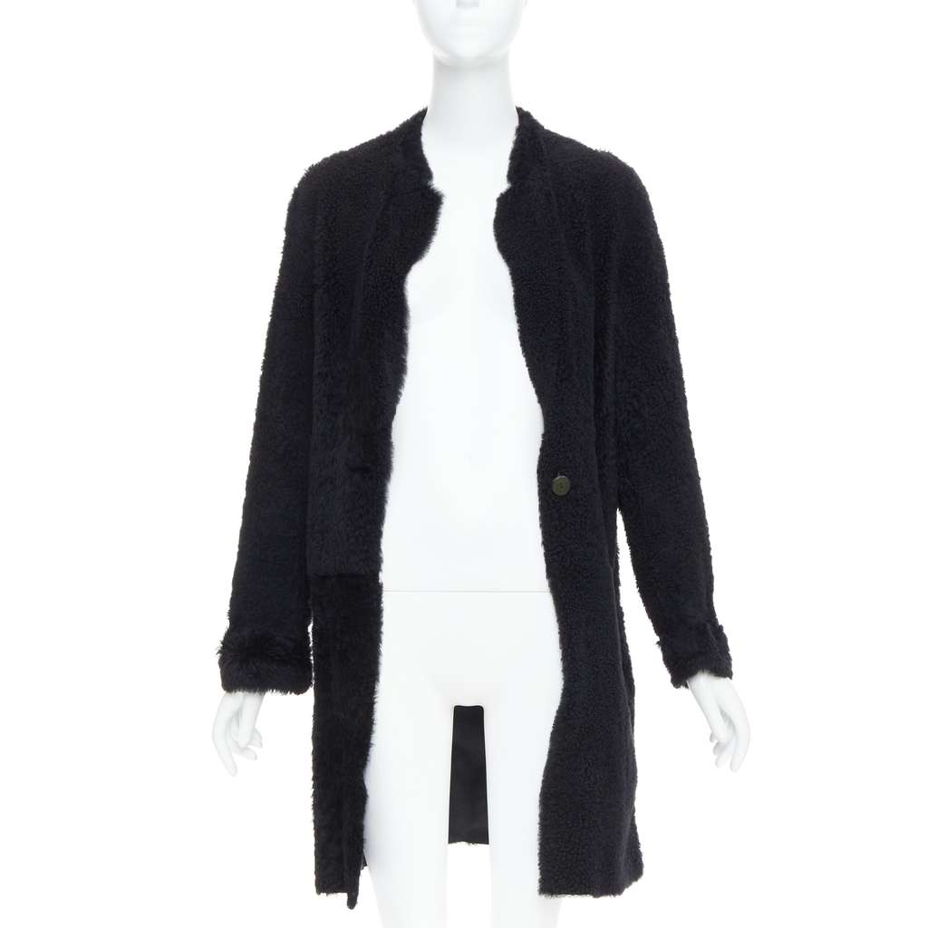 KARL DONOGHUE Black Shearling Long Coat Black Leather Very good - Inside View
