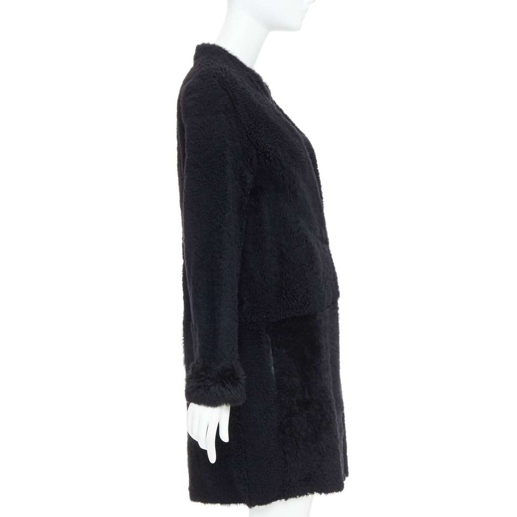 KARL DONOGHUE Black Shearling Long Coat Black Leather Very good - Box View