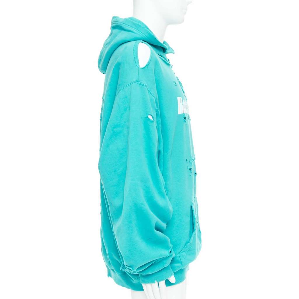 Balenciaga Ripped Logo Hoodie Blue Cotton Good condition - Model View