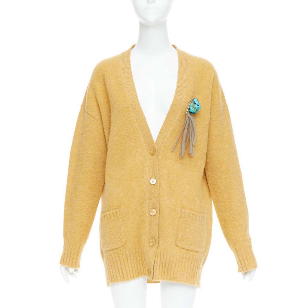 Gucci Floral Brooch Cardigan Yellow Wool Very good - Front View