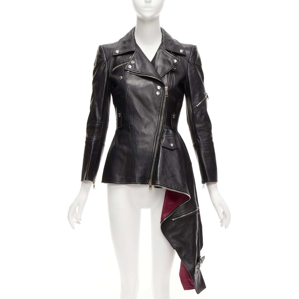 Alexander McQueen Black Zip Biker Jacket Black Leather Good - Front View
