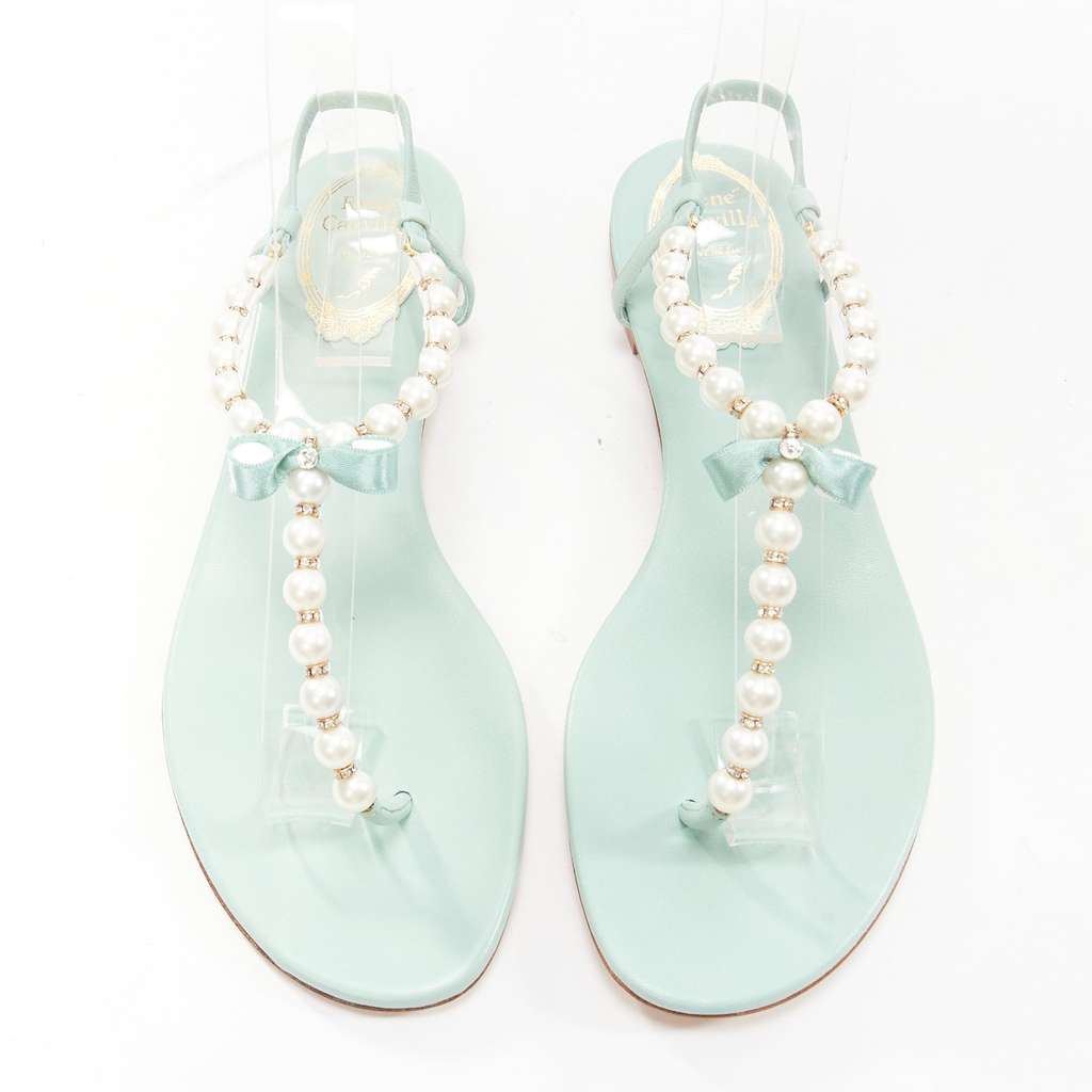 Rene Caovilla Bow T-Strap Sandals Green Leather Never worn - Back View