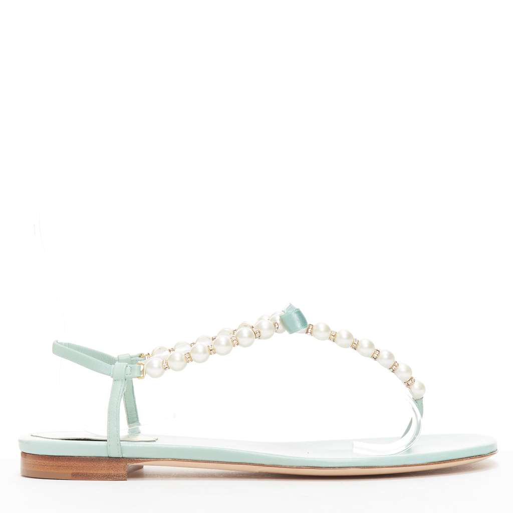 Rene Caovilla Bow T-Strap Sandals Green Leather Never worn - Inside View