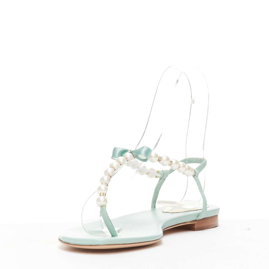 Rene Caovilla Bow T-Strap Sandals Green Leather Never worn - Model View