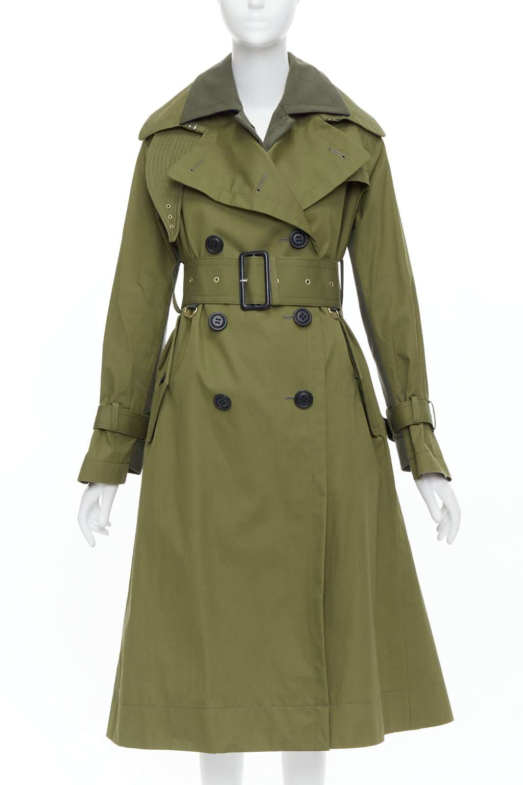 Sacai Green Layered Trench Coat Khaki Cotton Very good condition - Front View