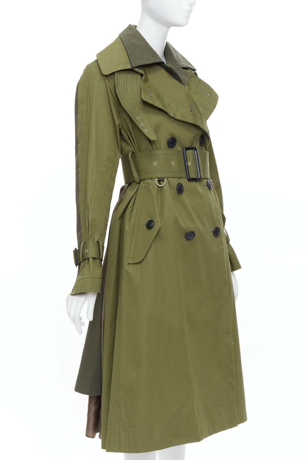 Sacai Green Layered Trench Coat Khaki Cotton Very good condition - Model View