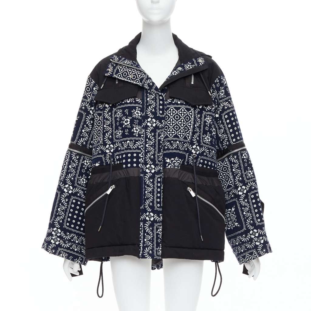 Sacai Navy Printed Padded Coat Black Cotton Never worn - Front View
