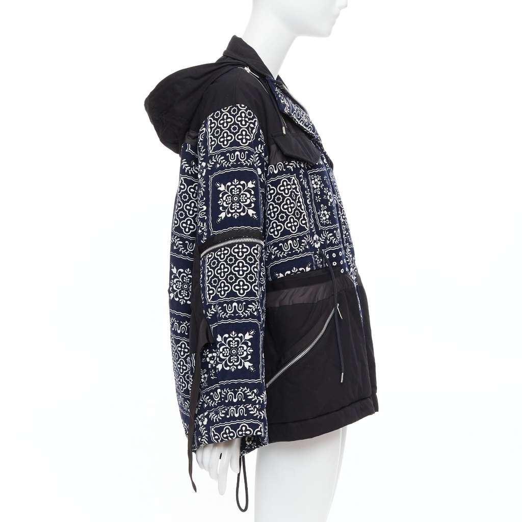 Sacai Navy Printed Padded Coat Black Cotton Never worn - Box View