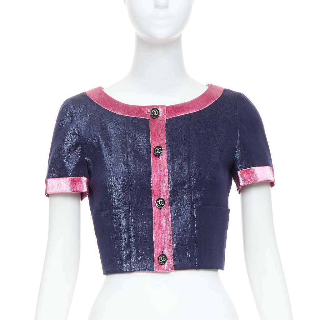 Chanel Navy Metallic Cropped Jacket Pink Wool Never worn, with tag - Front View