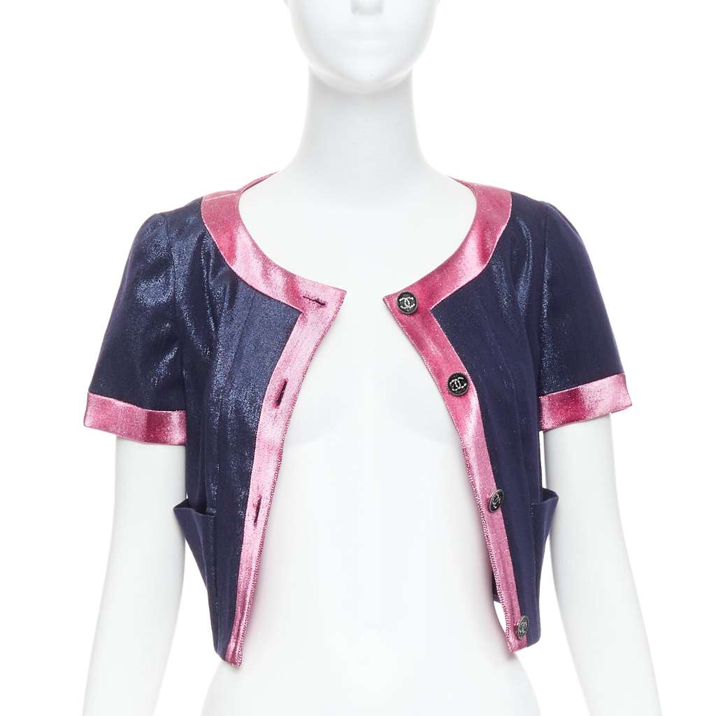 Chanel Navy Metallic Cropped Jacket Pink Wool Never worn, with tag - Inside View