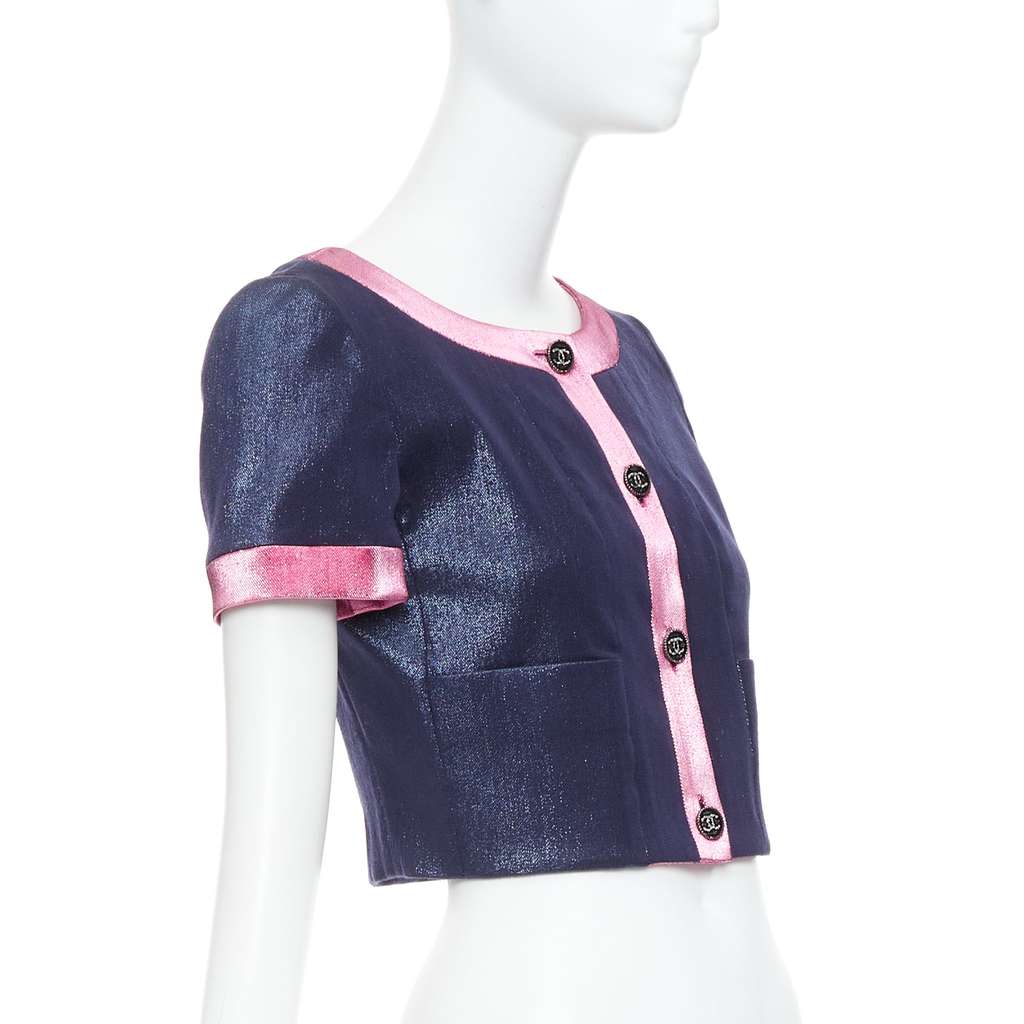 Chanel Navy Metallic Cropped Jacket Pink Wool Never worn, with tag - Model View