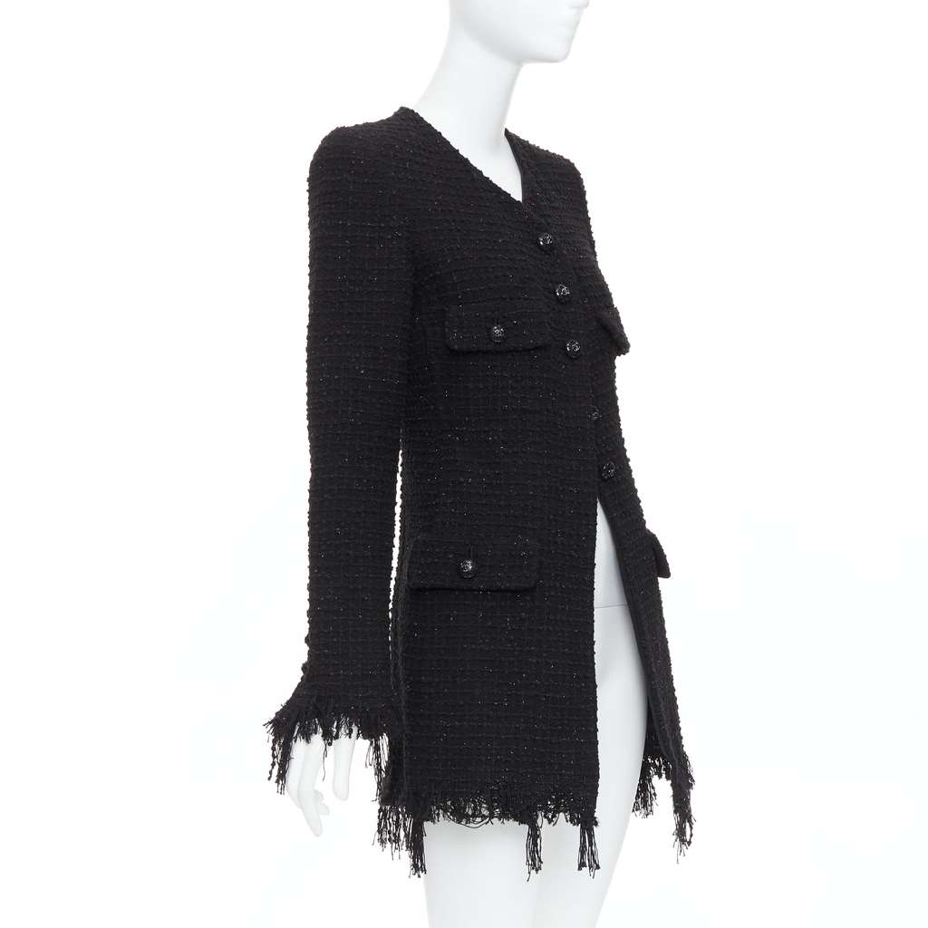 Chanel Black Tweed Fringe Jacket Black Cotton Very good - Model View
