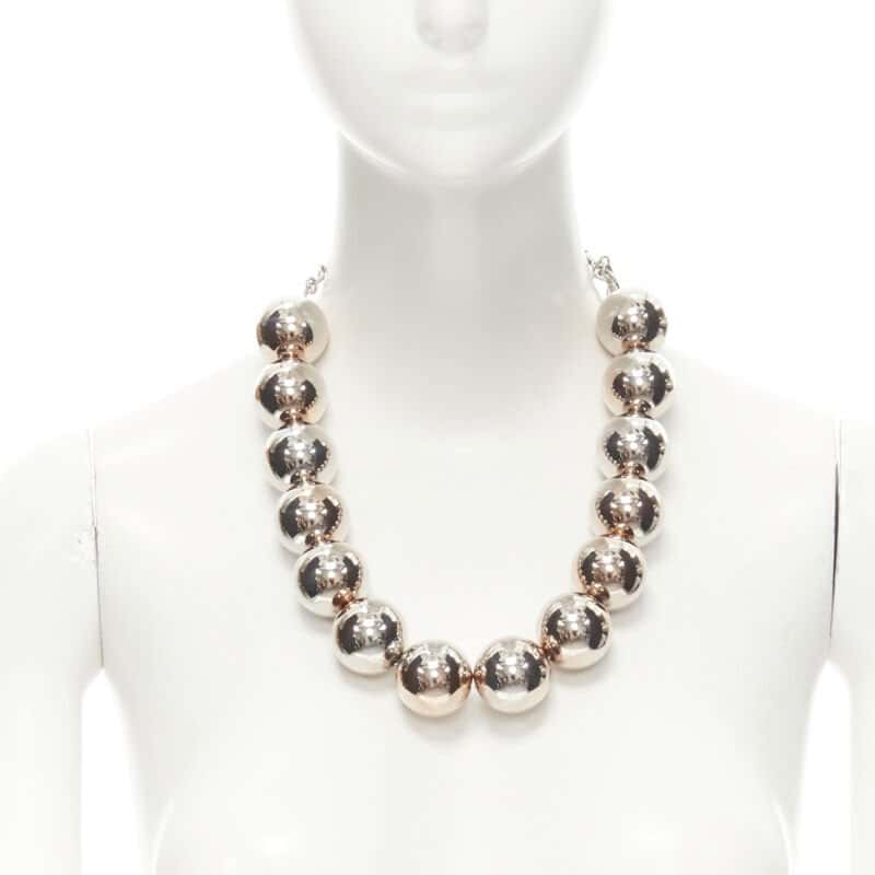 Oscar De La Renta Beaded Ball Necklace Silver Good - Front View