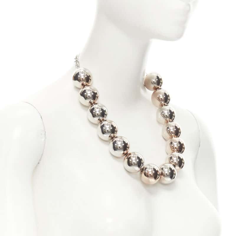 Oscar De La Renta Beaded Ball Necklace Silver Good - Back View