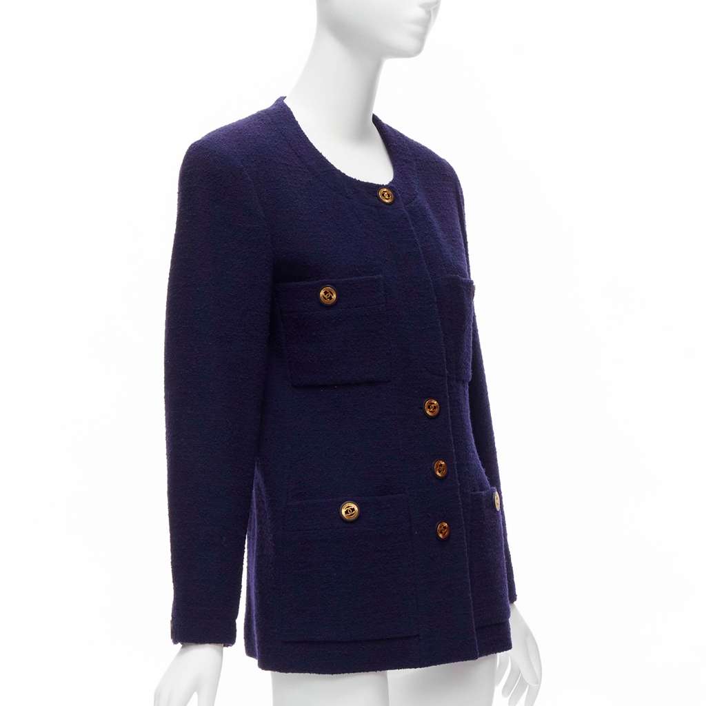Chanel Navy Gold Pocket Jacket Blue Wool Never worn - Model View