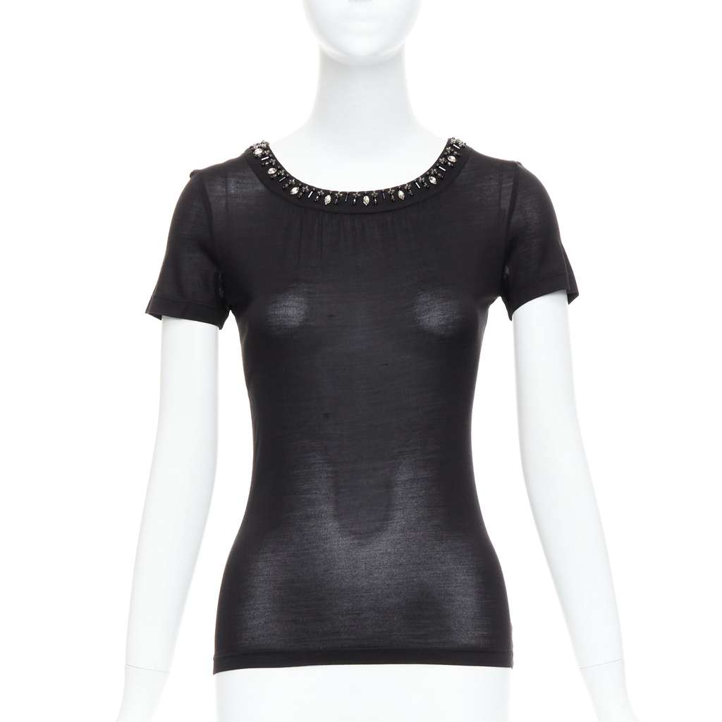 Christian Dior Beaded Collar Tee Black Silk Very good - Front View