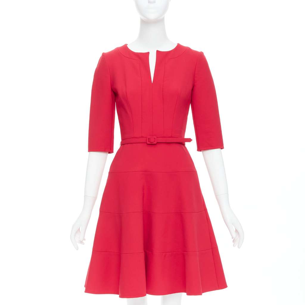 Oscar De La Renta Pleated Belted Dress Red Wool Very good condition - Front View