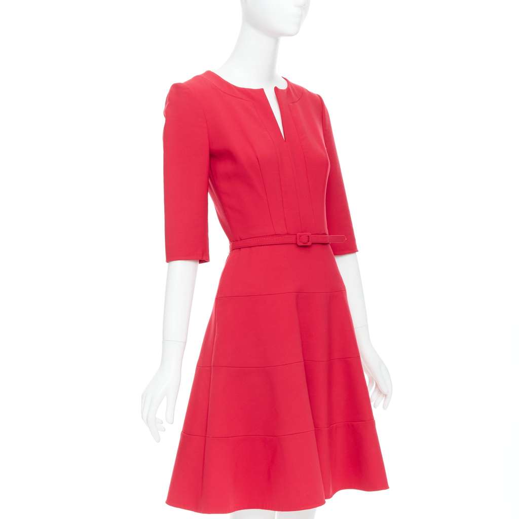 Oscar De La Renta Pleated Belted Dress Red Wool Very good condition - Inside View