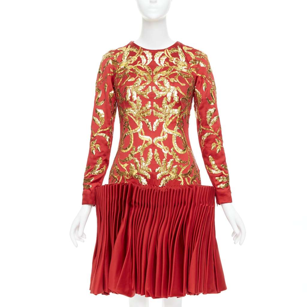 Alexander McQueen Sequin Pleat Dress Red Silk Very good - Front View