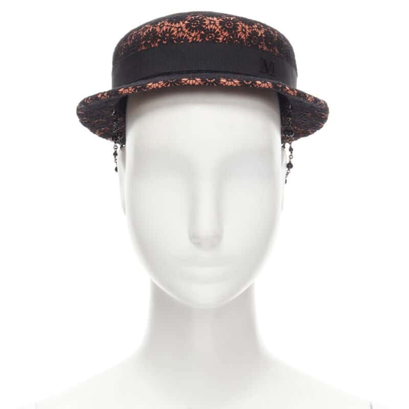 Maison Michel Black Lace Fedora Orange Wool Never worn - Inside View