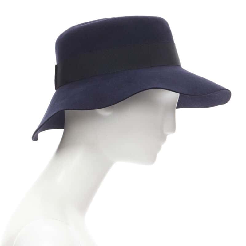Maison Michel Blue Grosgrain Fedora Navy Wool Never worn, with tag - Model View