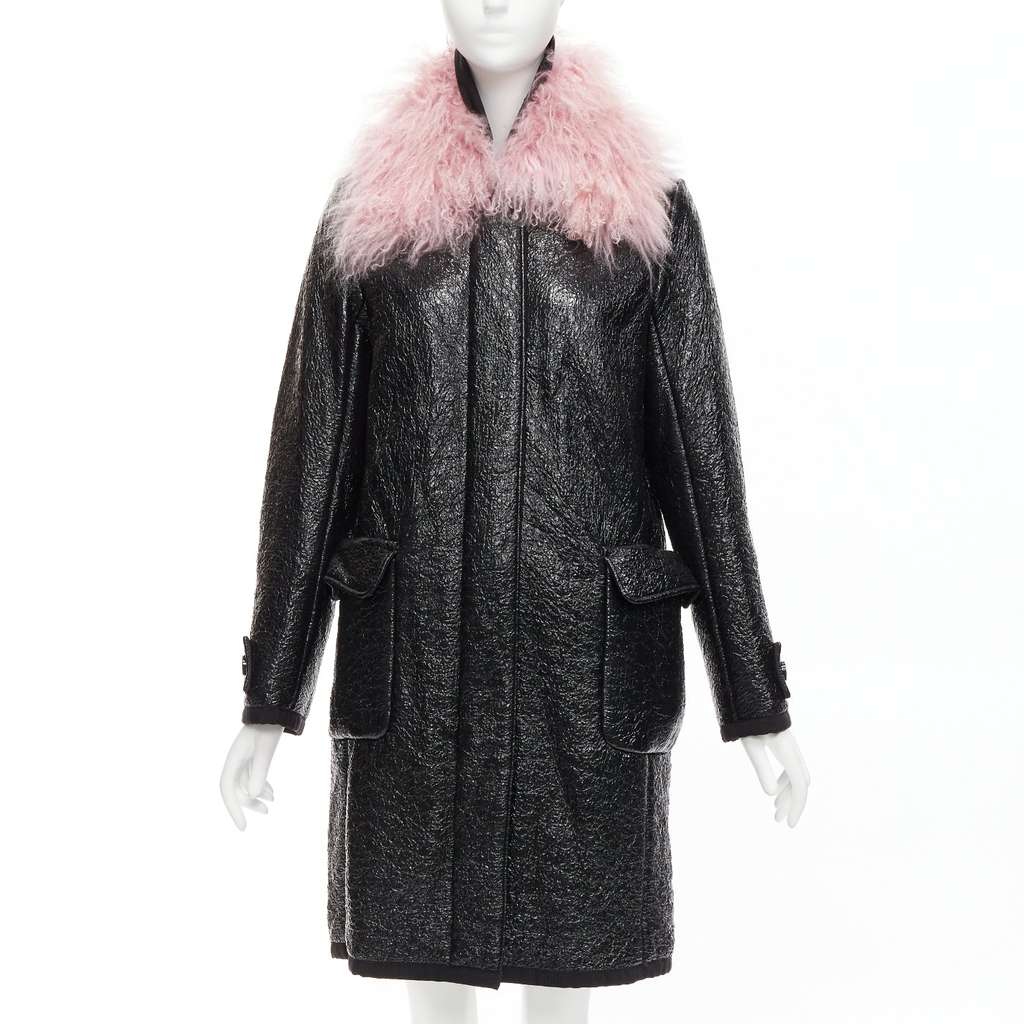 Moncler Pink Fur Wool Coat Black Fur Never worn - Front View