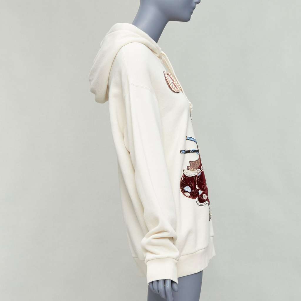 Gucci Embroidery Pearl Hoodie Ecru Cotton Very good - Model View