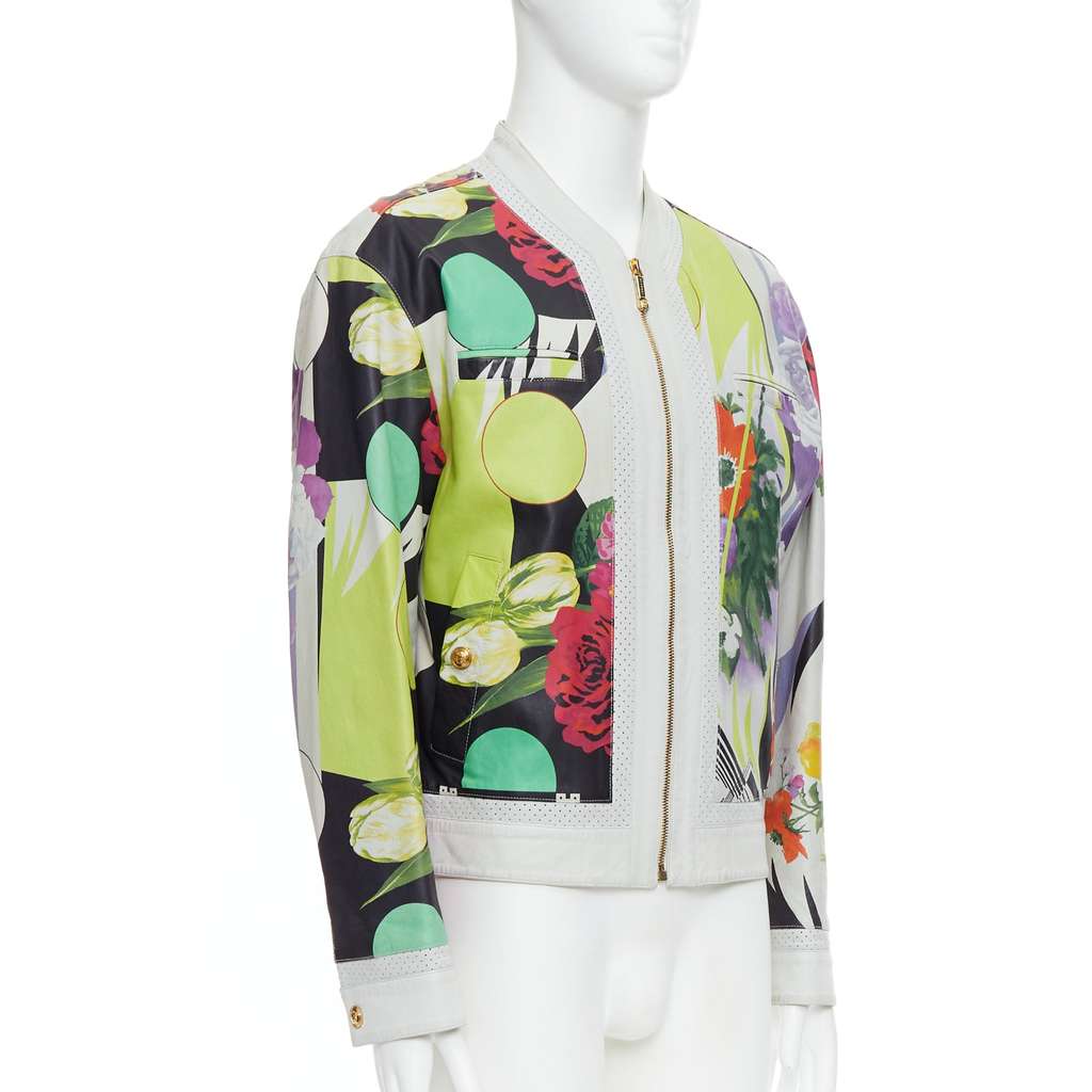 Versace White Tropical Print Bomber White Leather Good - Model View