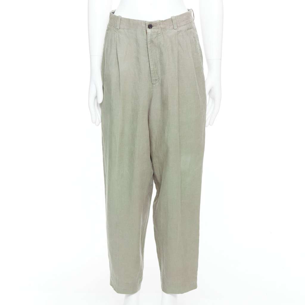 Yohji Yamamoto Linen Pleated Pants Green Linen Fair condition - Front View