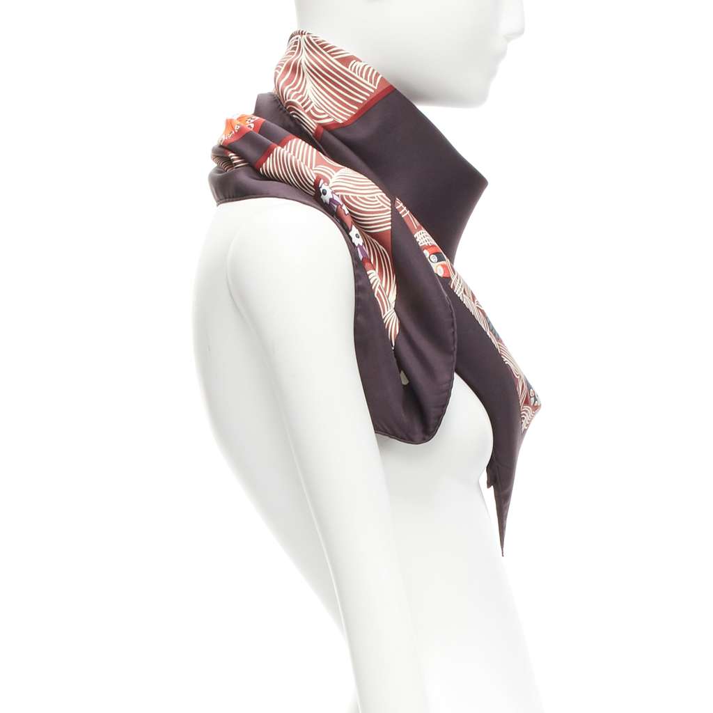 Hermès Dark Floral Scarf Purple Silk Never worn - Model View