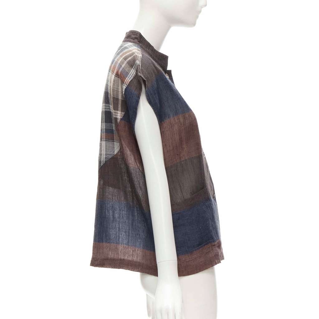 Issey Miyake Checked Patchwork Shirt Brown Linen Very good - Model View
