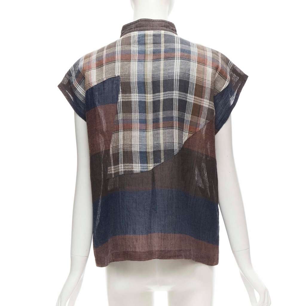 Issey Miyake Checked Patchwork Shirt Brown Linen Very good - Box View