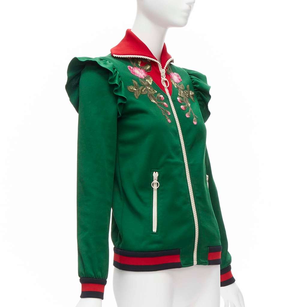Gucci Floral Ruffled Jacket Green Polyester Very good - Model View