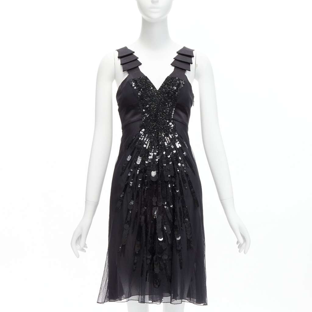 Versace Sequins Ruffle Dress Black Cotton Very good - Front View