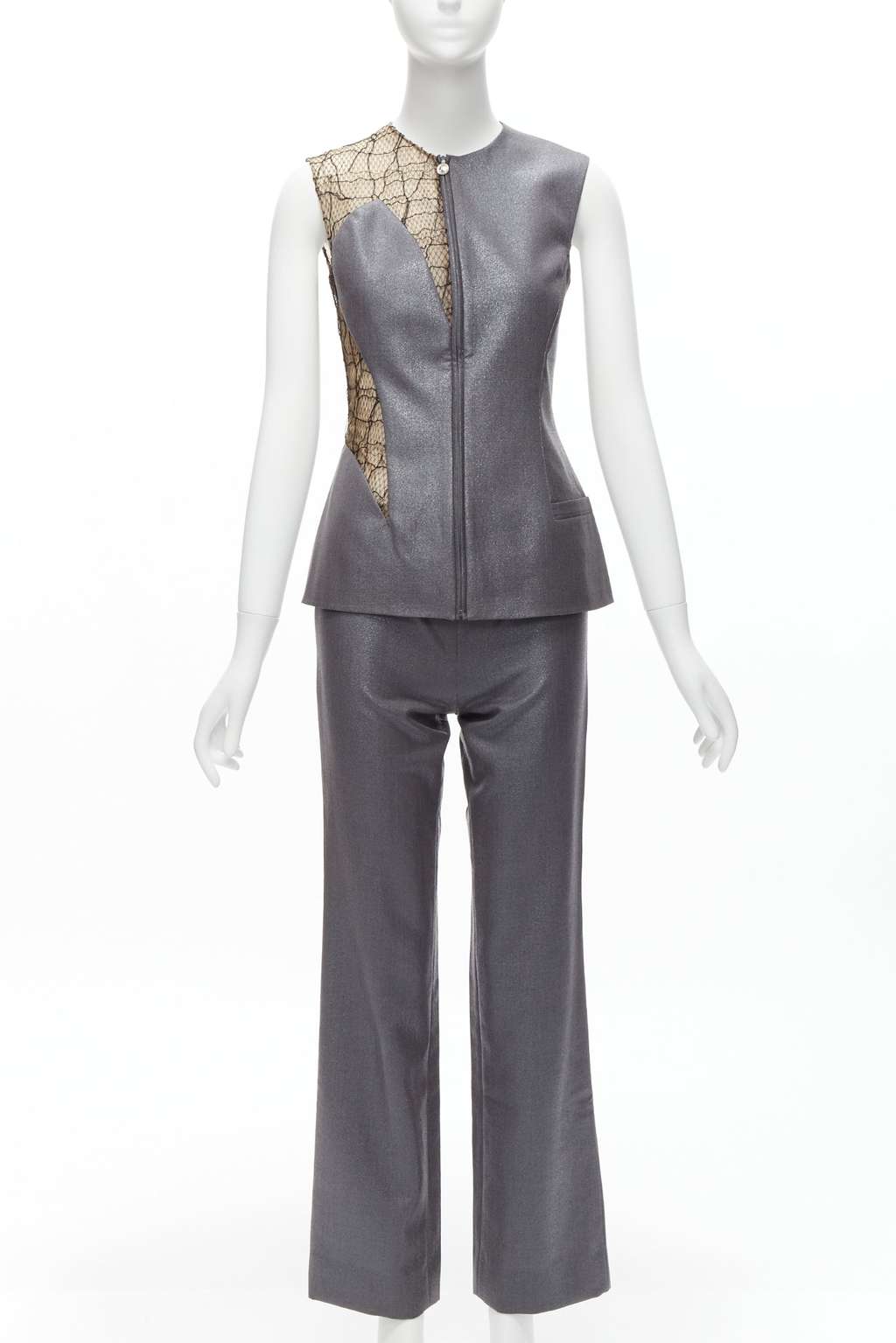Gianni Versace Lace Vest Pants Grey Wool Never worn - Front View