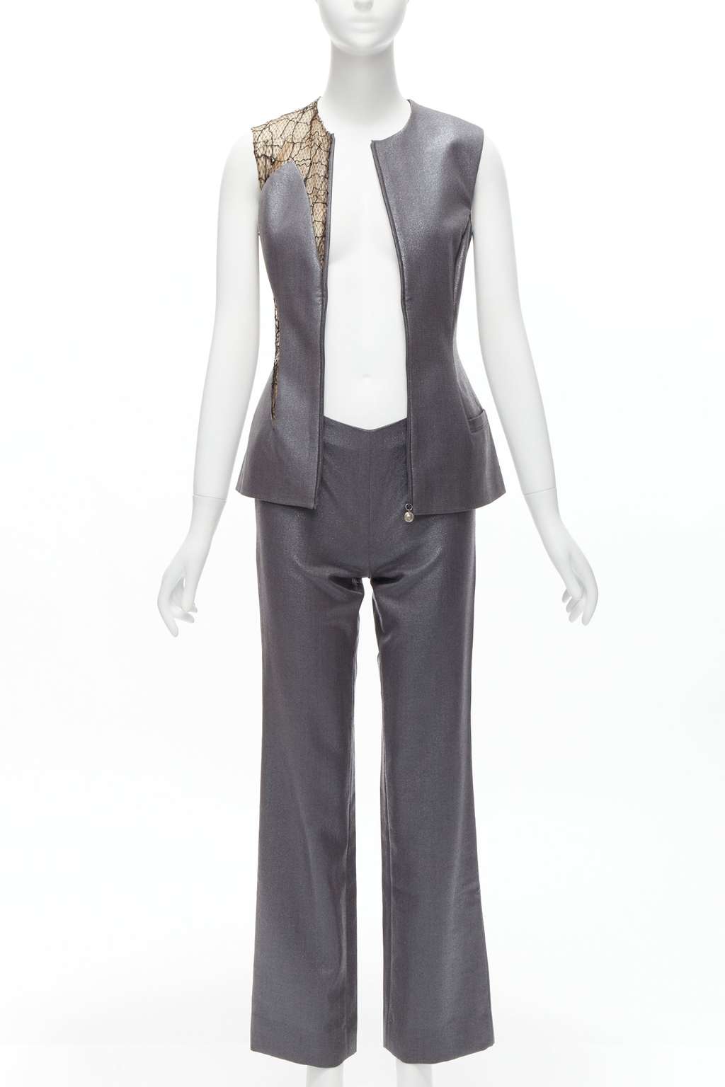 Gianni Versace Lace Vest Pants Grey Wool Never worn - Inside View