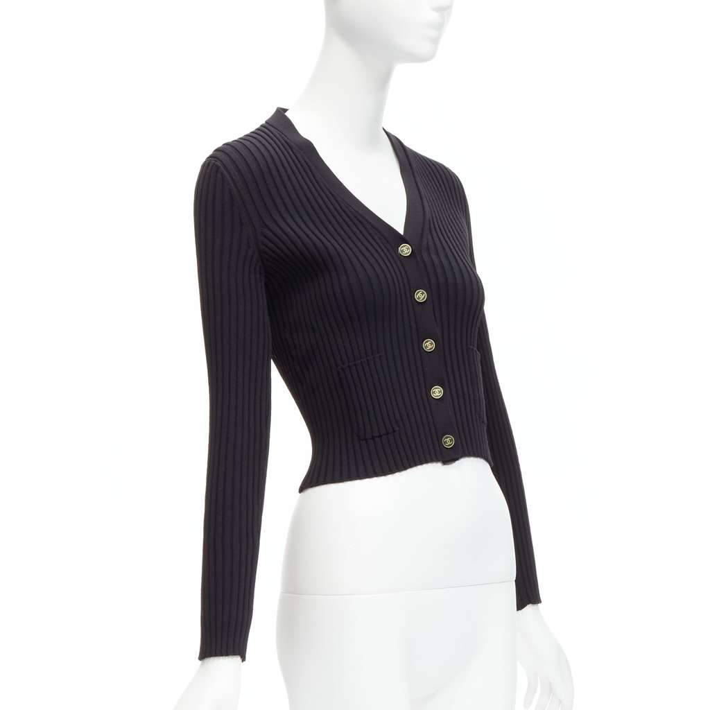 Chanel Gold Button Cardigan Black Never worn - Model View