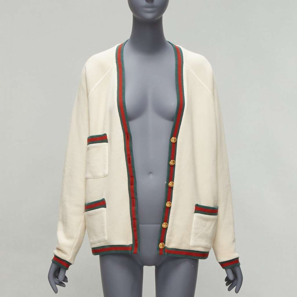 Gucci Green GG Cardigan Ecru Cotton Never worn - Inside View
