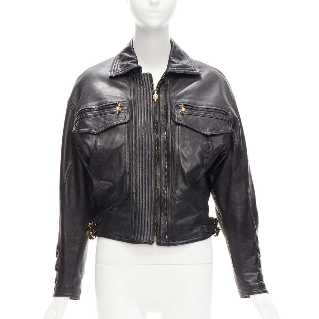 Gianni Versace Bondage Buckle Bomber Black Leather Good - Front View