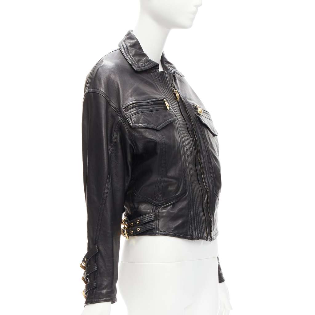 Gianni Versace Bondage Buckle Bomber Black Leather Good - Model View