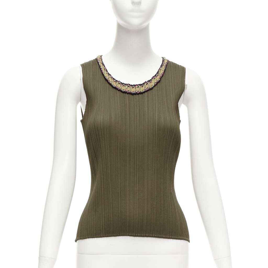 Issey Miyake Embroidery Plisse Vest Khaki Polyester Never worn - Front View