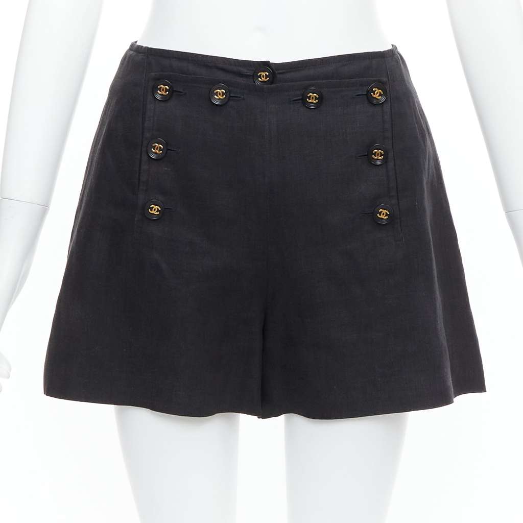 Chanel Gold Sailor Shorts Black Linen Never worn - Front View