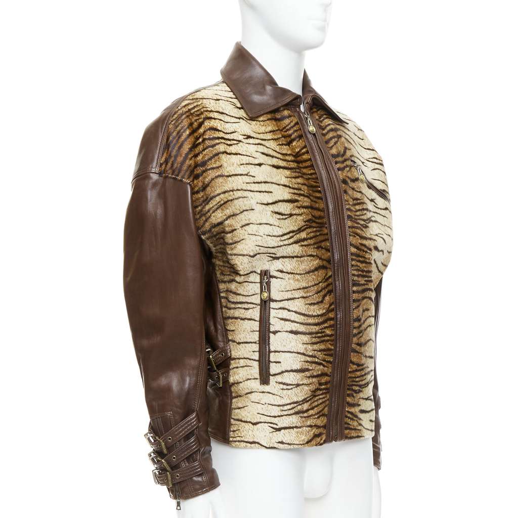 Gianni Versace Tiger Leather Bomber Brown Leather Good - Front View
