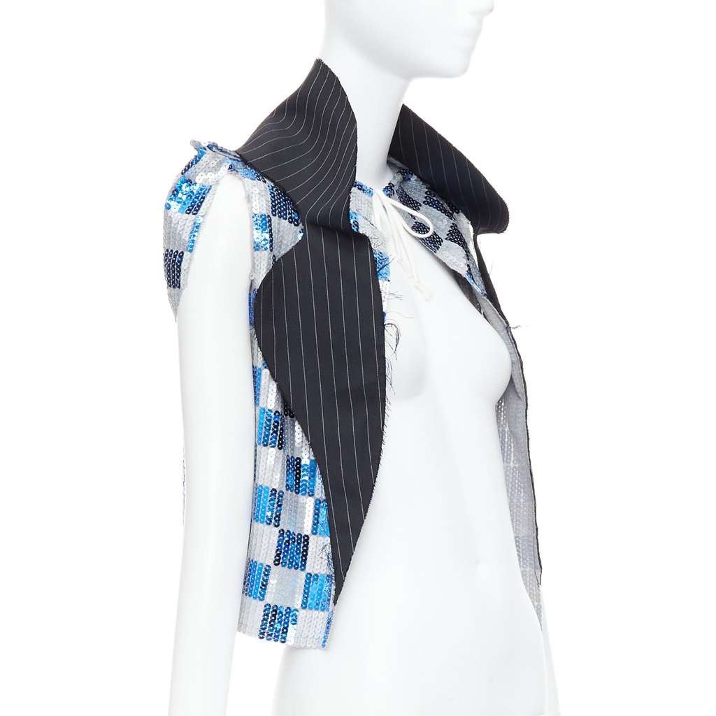 Comme Des Garcons Checkered Sequin Vest Blue Polyester Very good - Front View